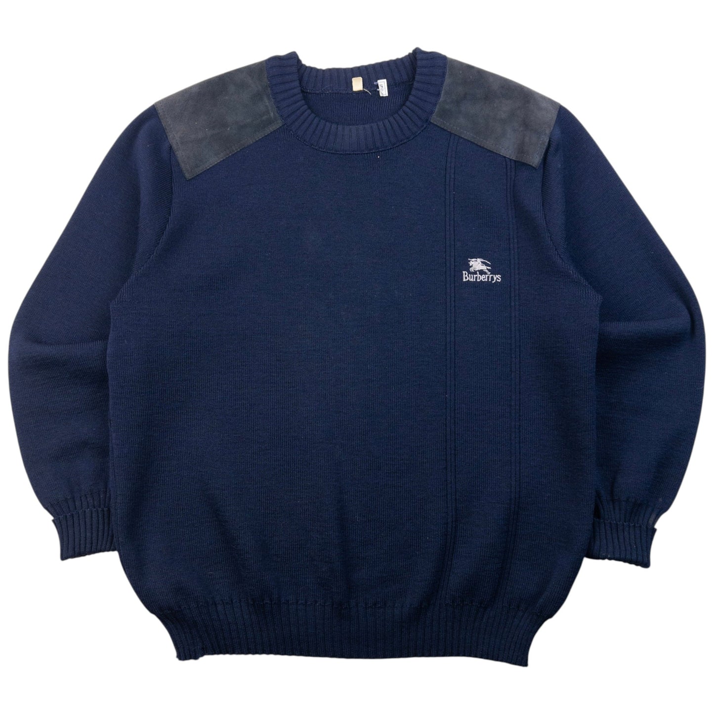 Vintage 90s Burberry Suede Patch Wool Jumper Size L | Large, Navy