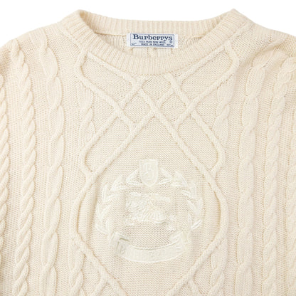 Vintage 90s Burberry Embroidered Wool Knit Jumper Size L | Large, Cream