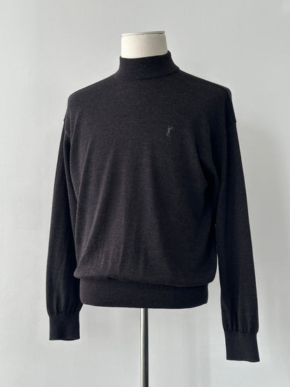 Yves Saint Laurent 1990s wool high-neck jumper, medium size, cream-colored with ribbed collar and cuffs, classic vintage style.