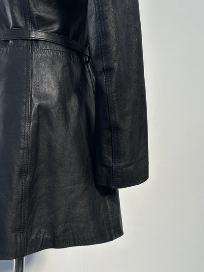 Vintage Italian 1990s double zip belted leather jacket, XS size, featuring classic design and authentic leather construction.