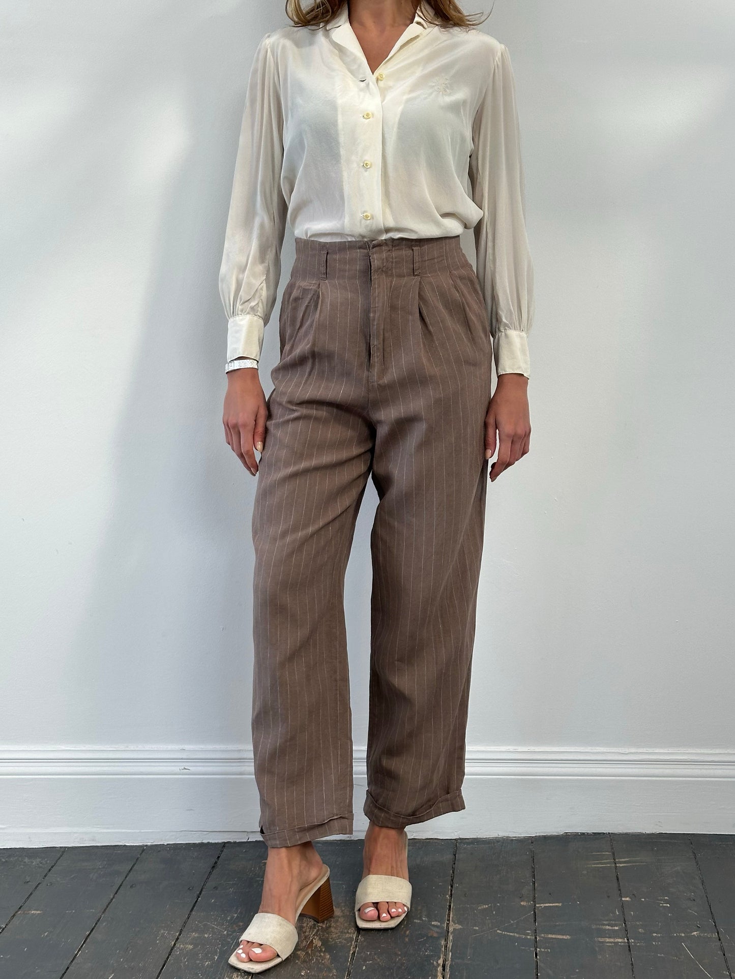 Jigsaw 1990s Pure Linen Striped Wide Leg Trousers - W27