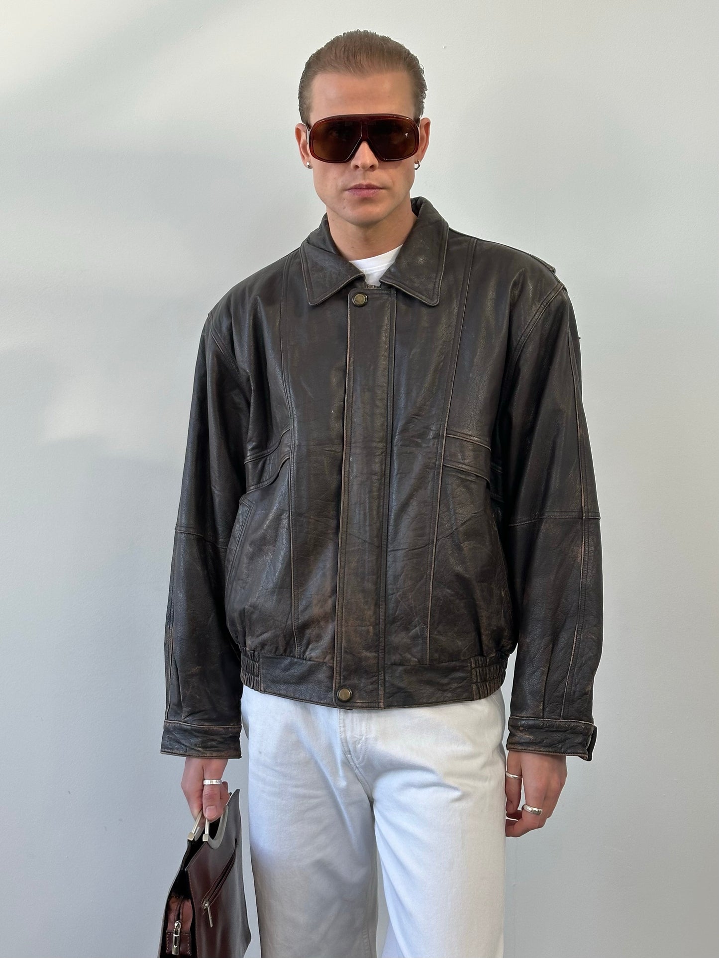 Vintage 1990s Distressed Leather Bomber Jacket - XL