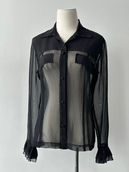 Vintage 1990s Ruffle Sleeve Sheer Shirt - M