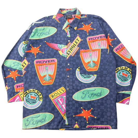 Vintage 90s Versace Jeans Couture Car Rolls Royce Pattern Button Up Shirt Size XL | XL, Multicolour