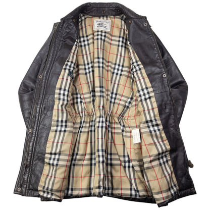 Vintage 80s Burberry Nova Check Lined Leather Jacket Womens Size XL | XL, Brown