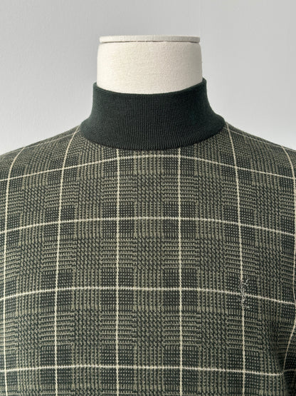 Yves Saint Laurent 1990s pure wool check high neck jumper in size S-M, featuring classic plaid pattern and high neckline.