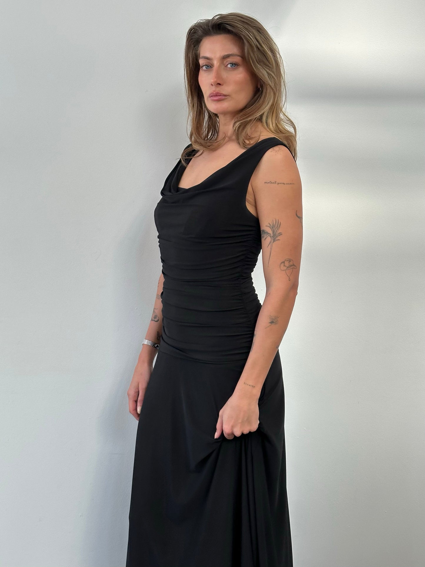 Vintage 1990s Cowl Neck Floor Length Fitted Dress - S-M