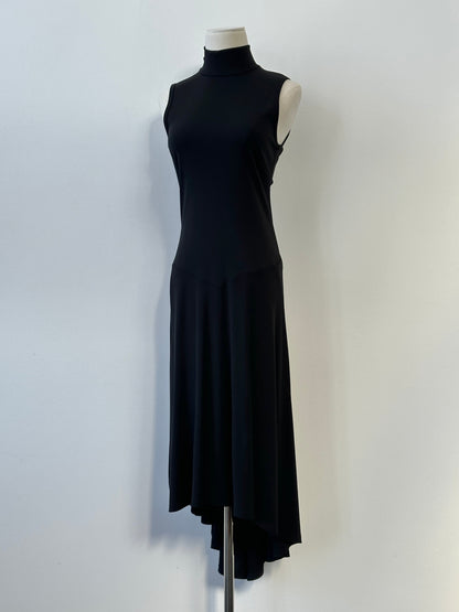 Donna Karan DKNY 1990s high neck asymmetric sleeveless dress in black, featuring a sleek, modern silhouette with a high neckline.