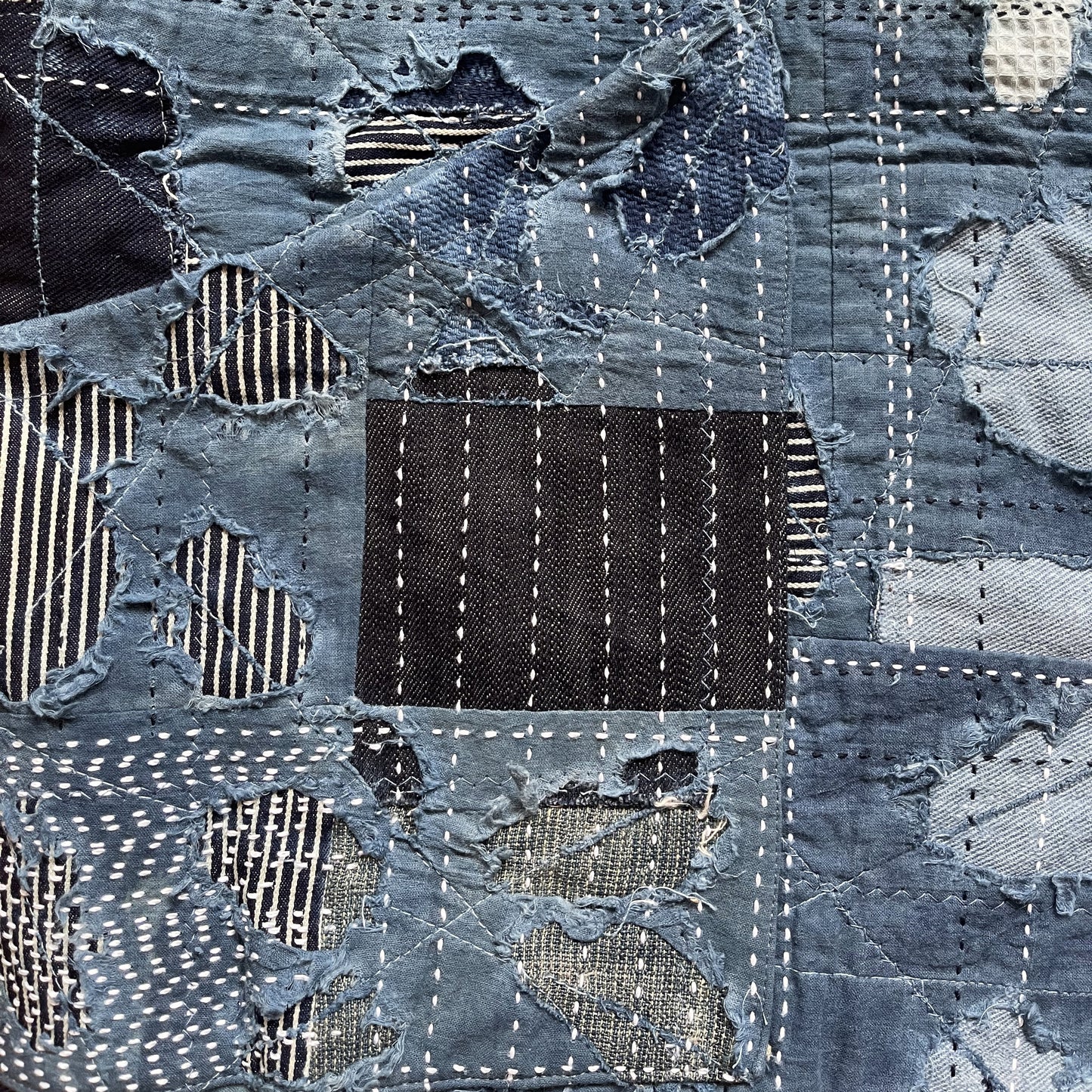 Indigo Collarless Boro Denim Jacket - M