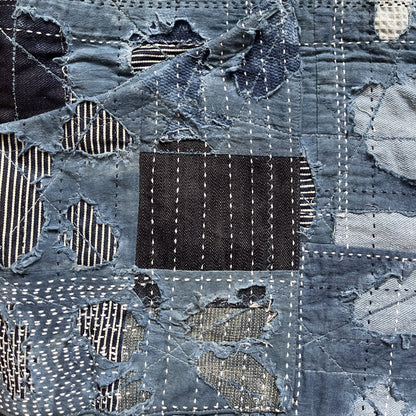 Indigo Collarless Boro Denim Jacket - M