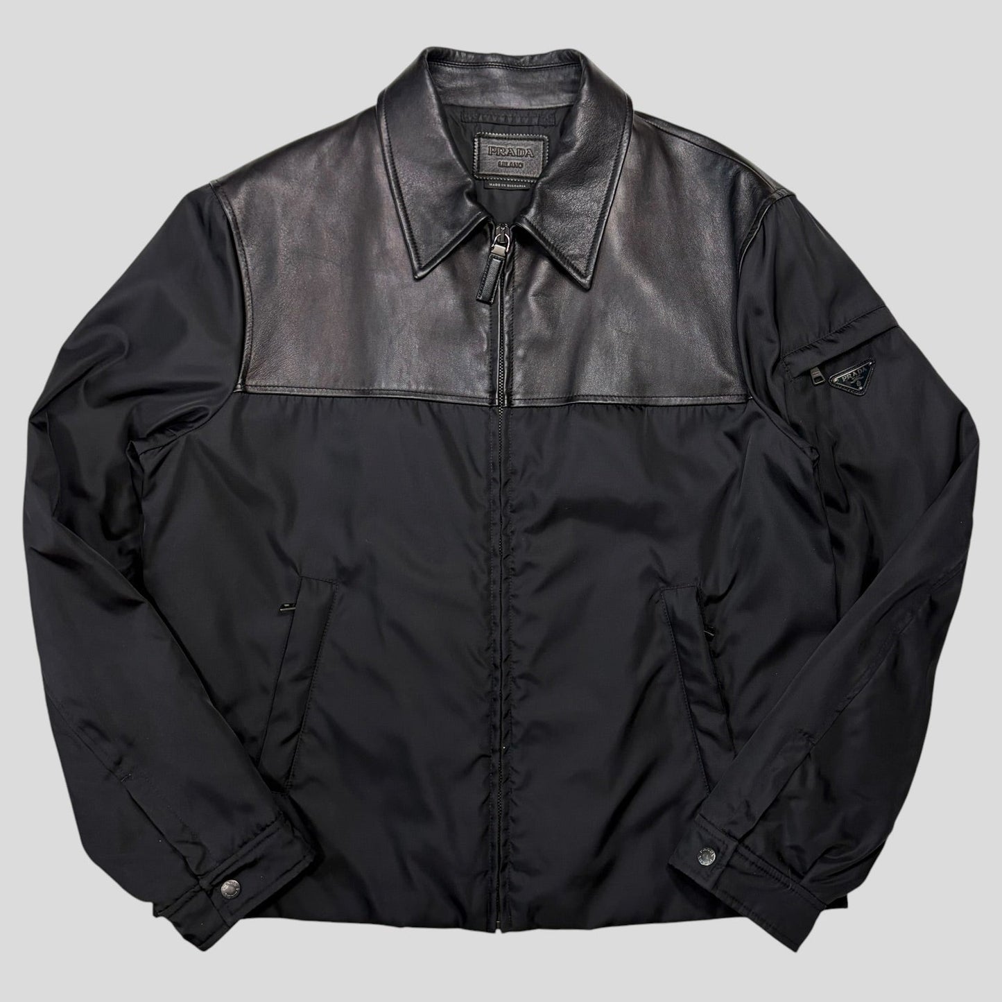 Prada 2013 Triangle Logo Gabardine Nylon & Leather Blouson Jacket - L/XL | O/S, Black