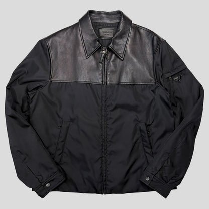 Prada 2013 Triangle Logo Gabardine Nylon & Leather Blouson Jacket - L/XL | O/S, Black