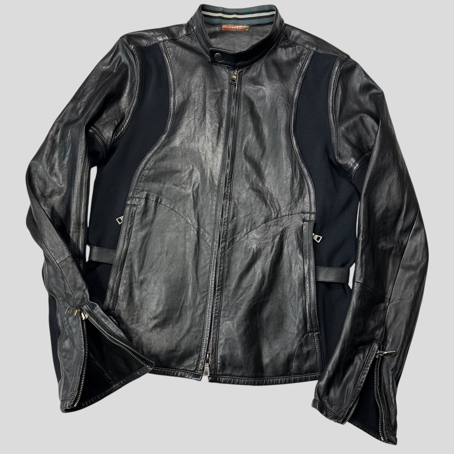Prada Sport SS00 Leather Biker Curved Panelled Moto Jacket - IT48 (S) | Default Title, Black