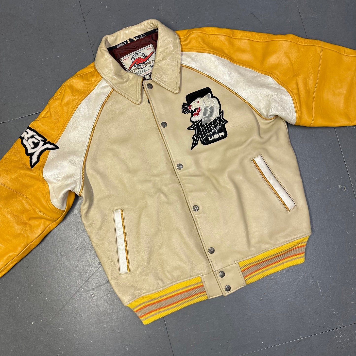Avirex Far East Tigers Leather Jacket In Beige & Yellow ( L )