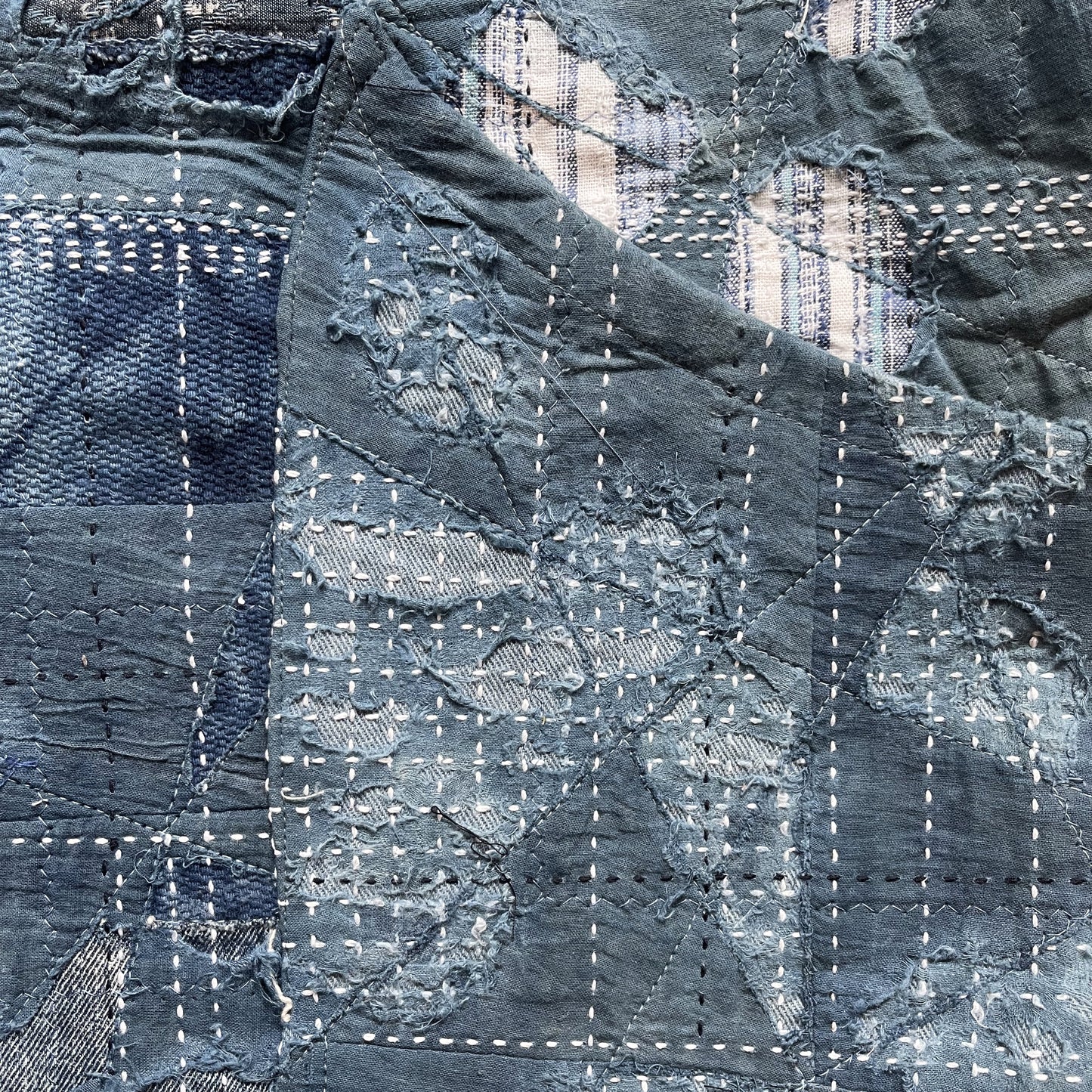 Indigo Collarless Boro Denim Jacket - M