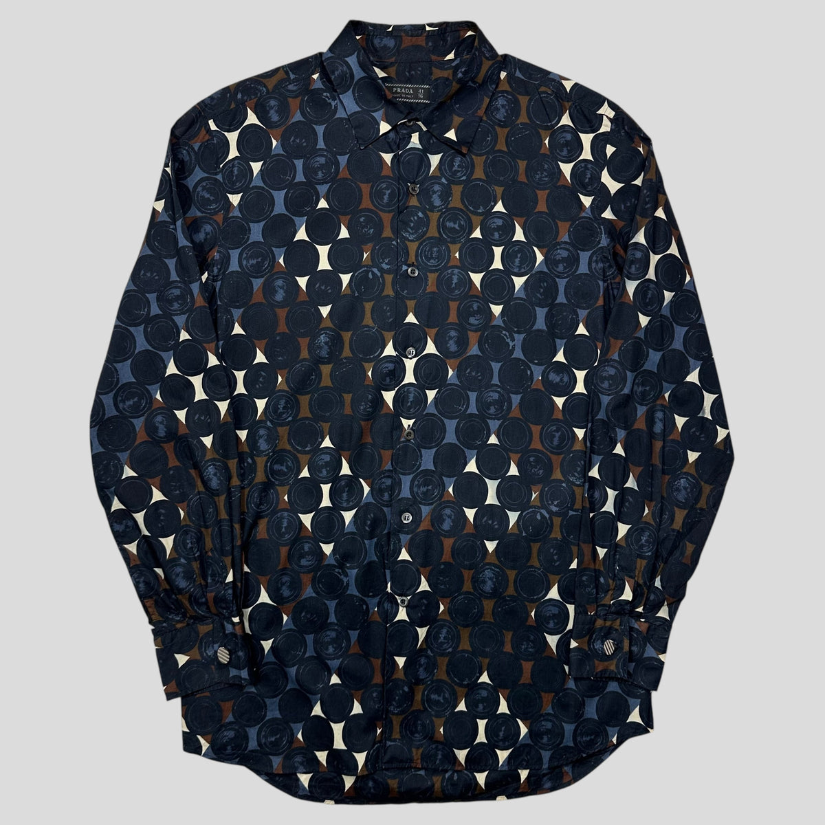 Prada Milano 2006 Diamond and Dots Plaid Abstract Print Shirt - M/L | 41, Navy, Brown, White