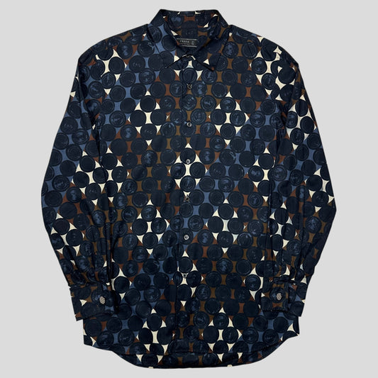 Prada Milano 2006 Diamond and Dots Plaid Abstract Print Shirt - M/L | 41, Navy, Brown, White