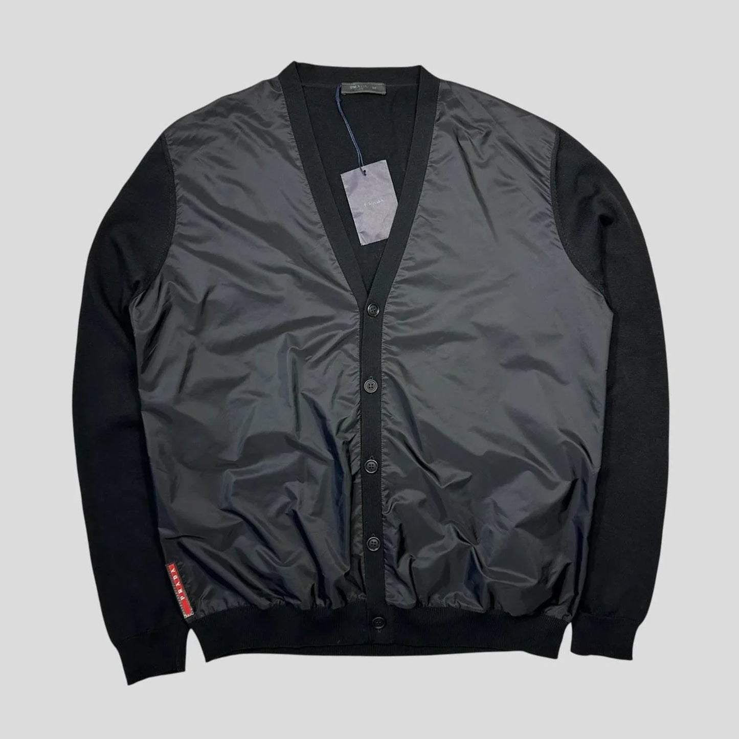 Prada Milano 2014 Red Tab Black Nylon Panelled Cardigan - IT56 (L/XL)