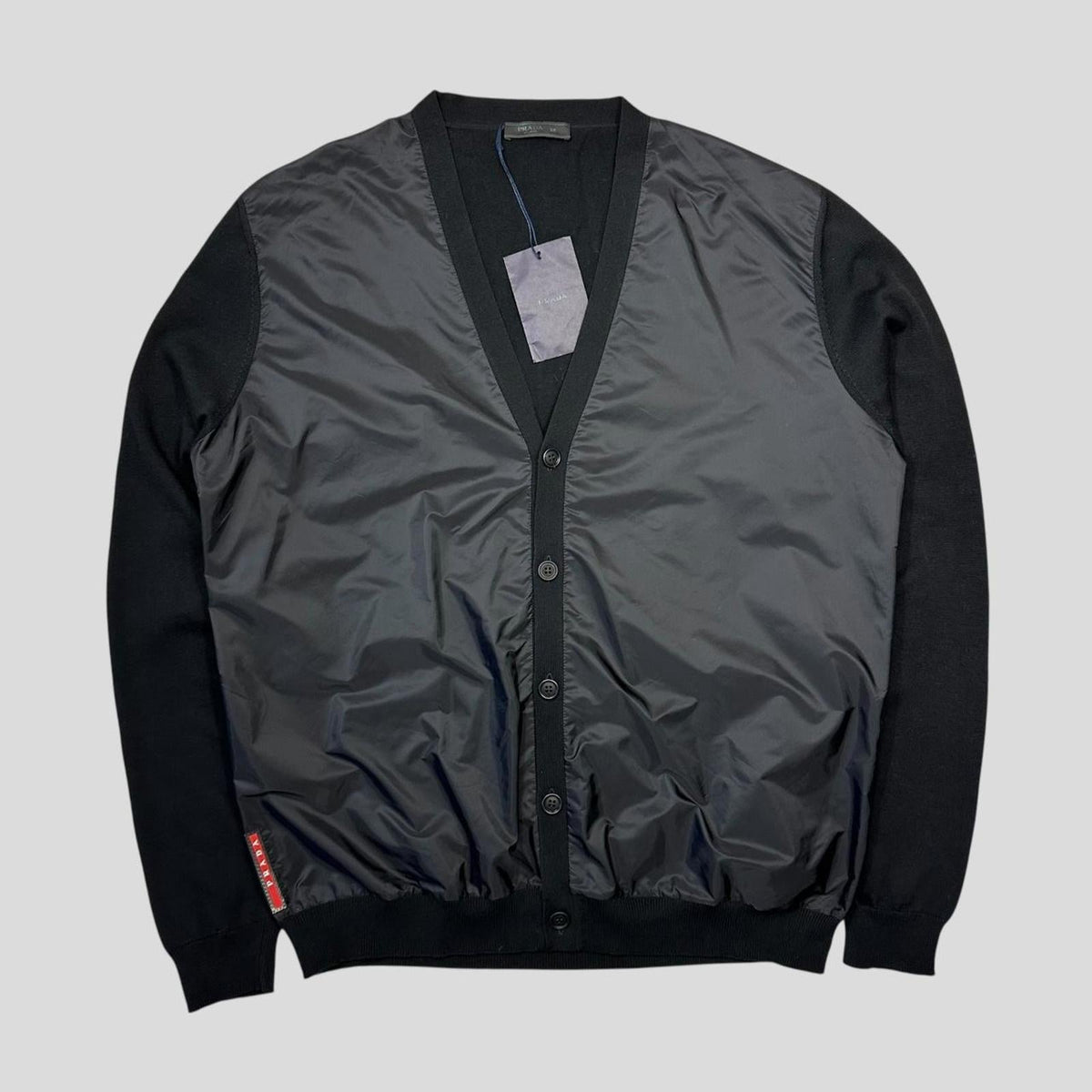 Prada Milano 2014 Red Tab Black Nylon Panelled Cardigan - IT56 (L/XL) | Large