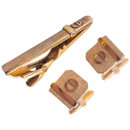 Vintage 90s Dior Embossed Cufflinks & Tie Clip Set | O/S, Gold