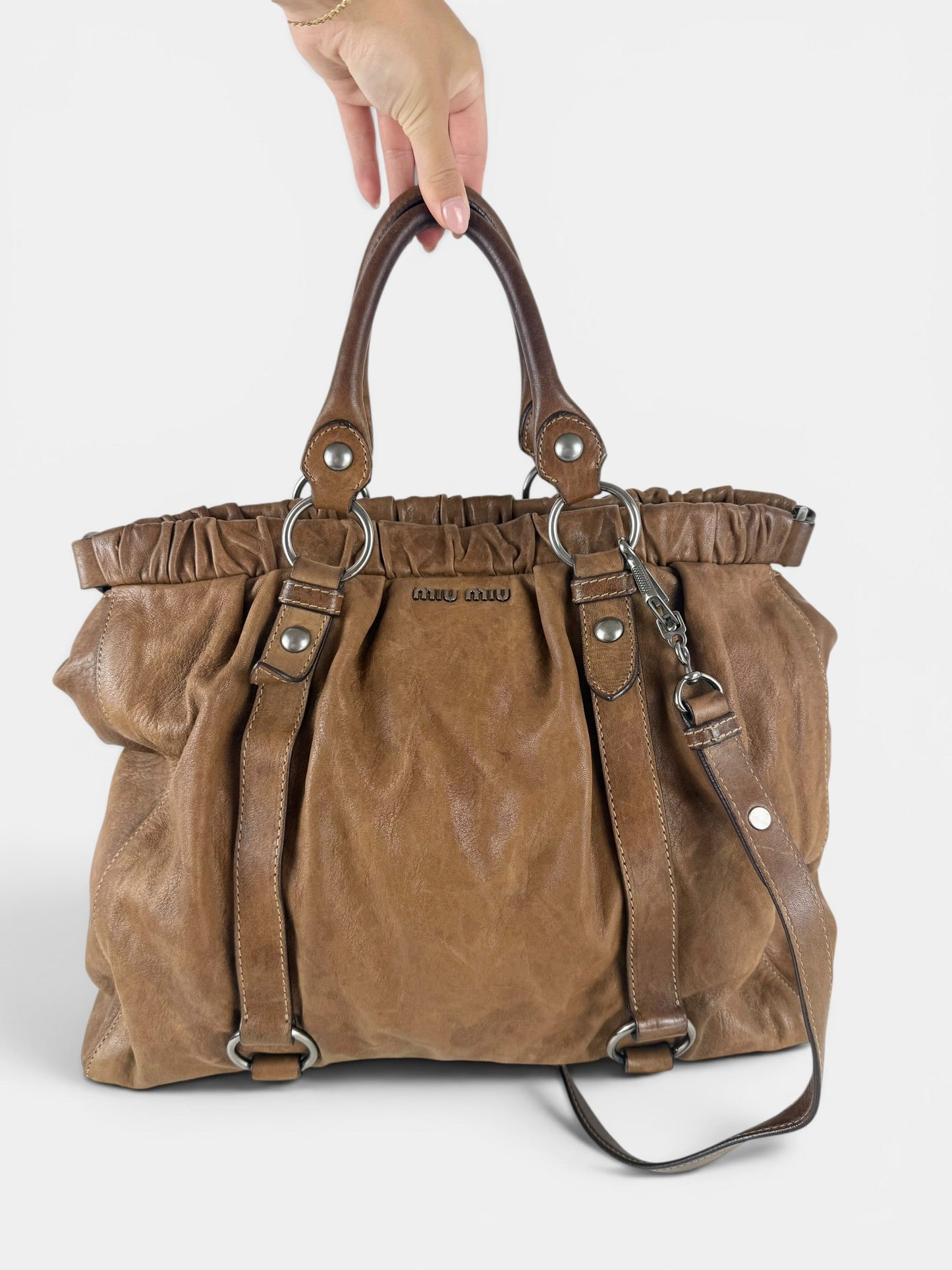 2010s Miu Miu Vitello Leather Large 2Way Brown Handbag | O/S, Brown