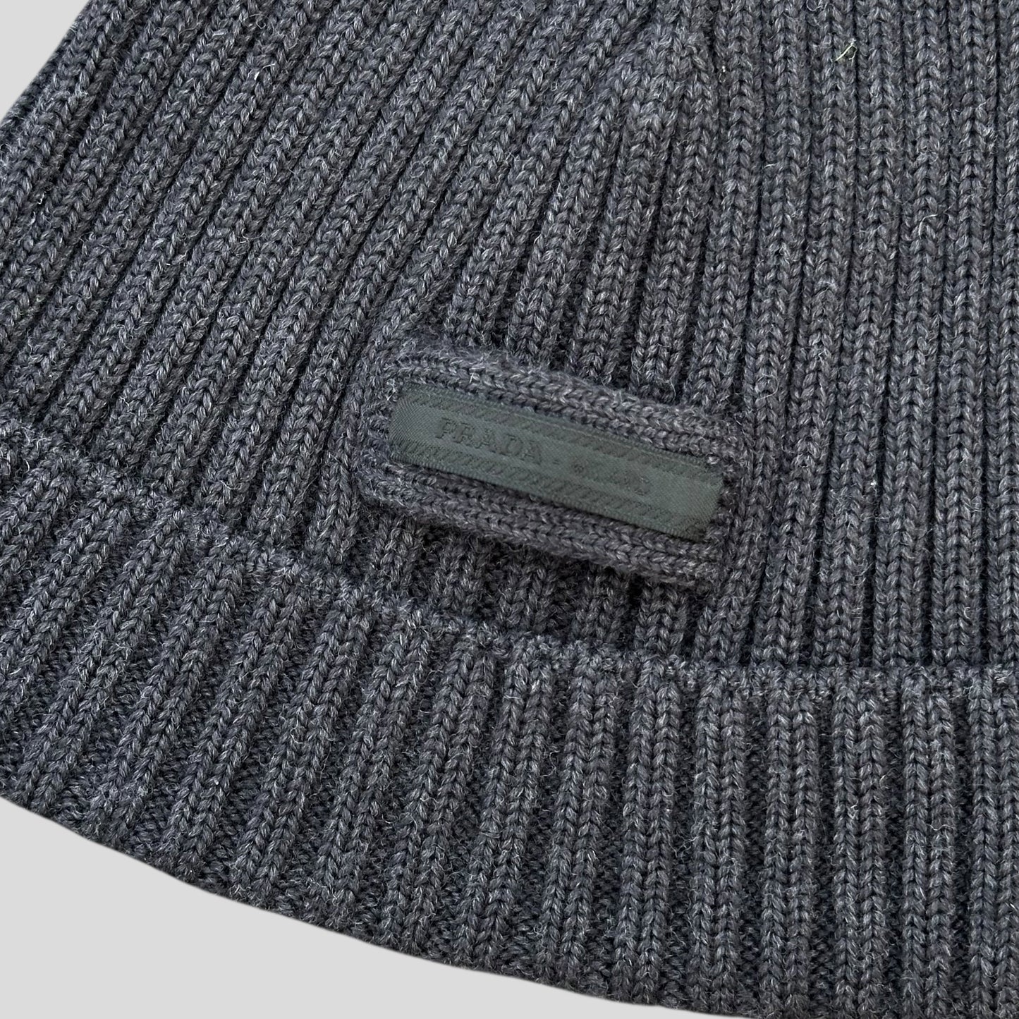 Prada 2020 Virgin Wool Ribbed Logo Beanie - M