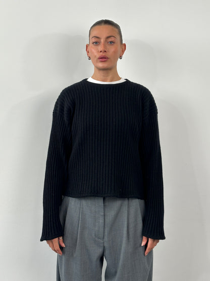 Italian Vintage Pure Cashmere Cropped Ribbed Jumper - L