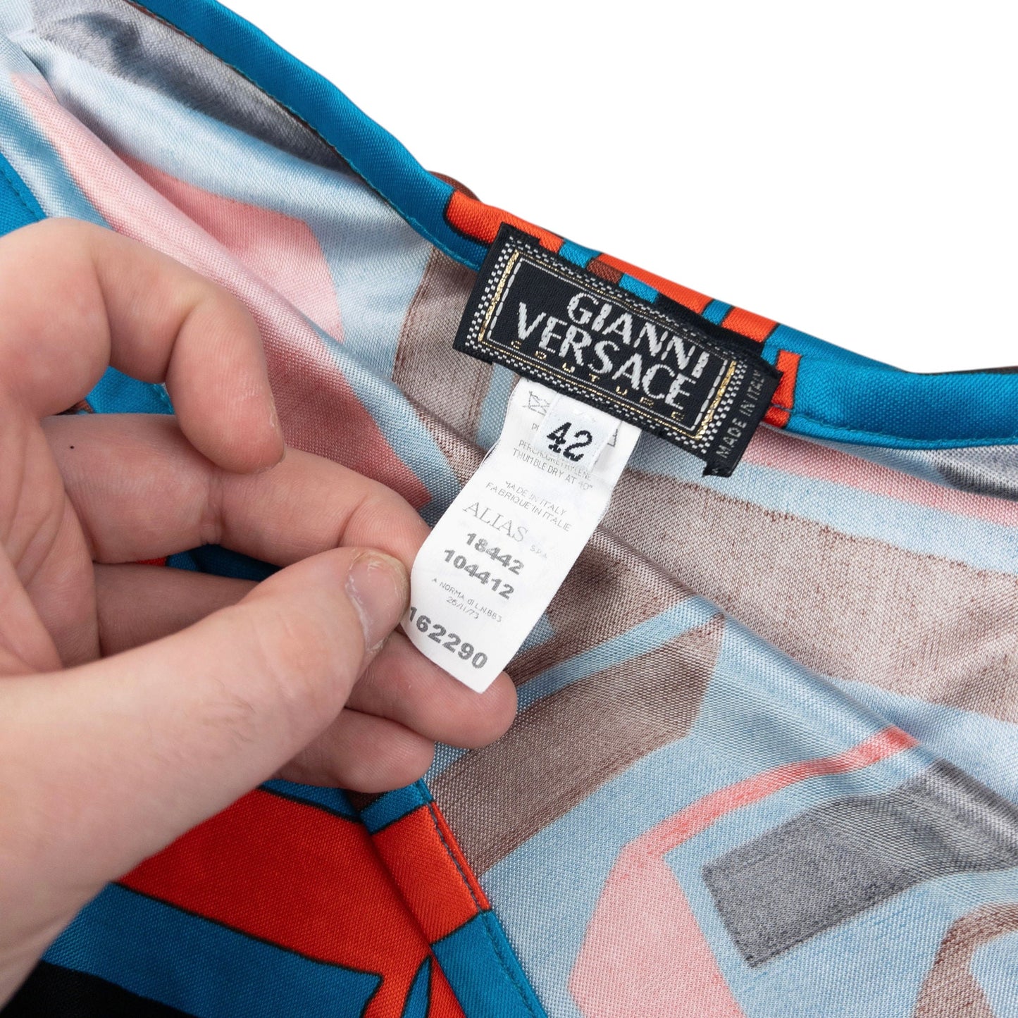 Vintage 90s Gianni Versace Couture Pattern Skirt Womens Size W27 | W28, Orange, Blue, Brown, Black