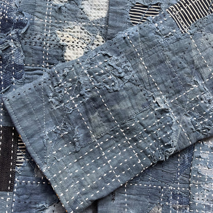 Indigo Collarless Boro Denim Jacket - M