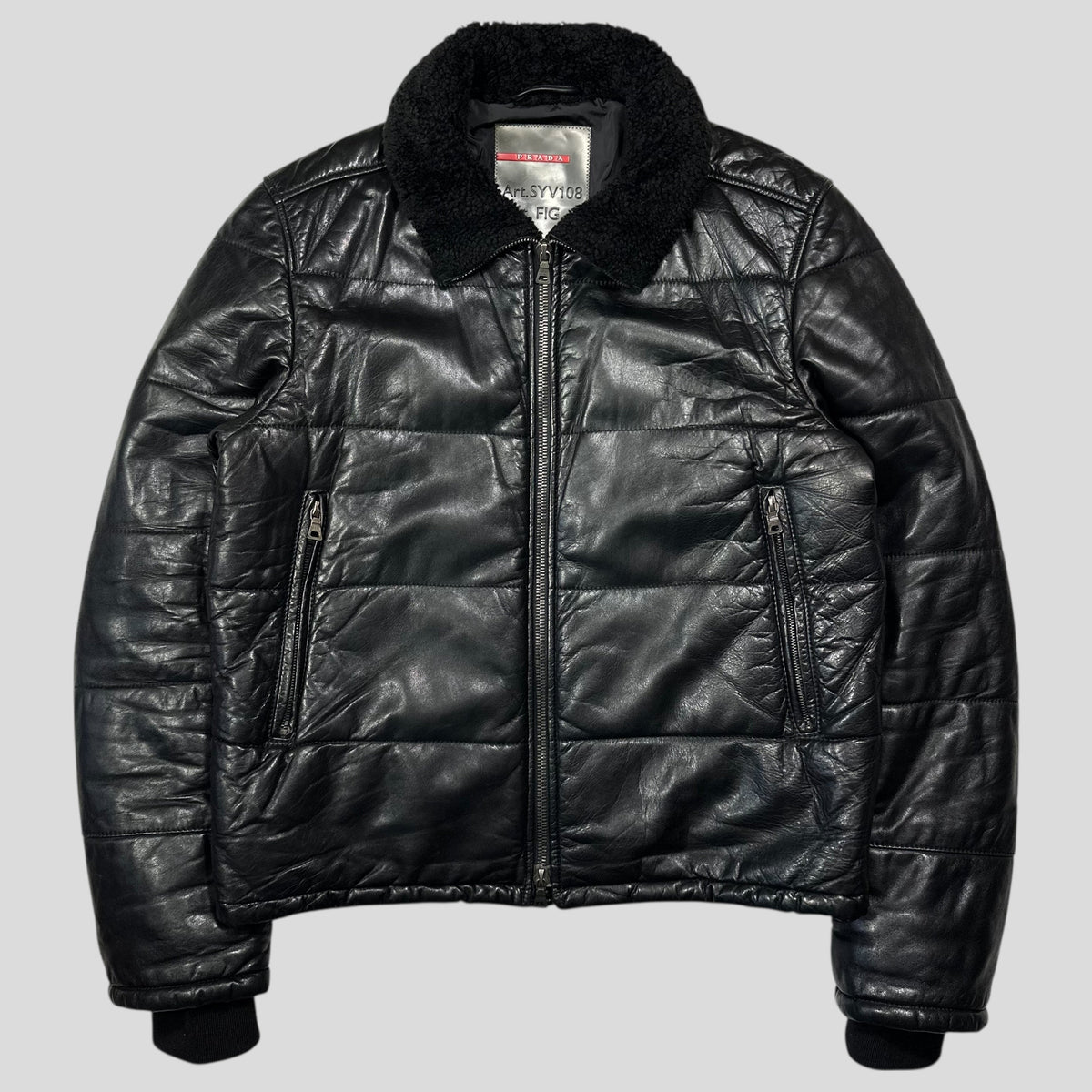 Prada Sport 00’s Leather Aviator Shearling Fur Collar Hooded Puffer - IT52 (L) | Large, Black
