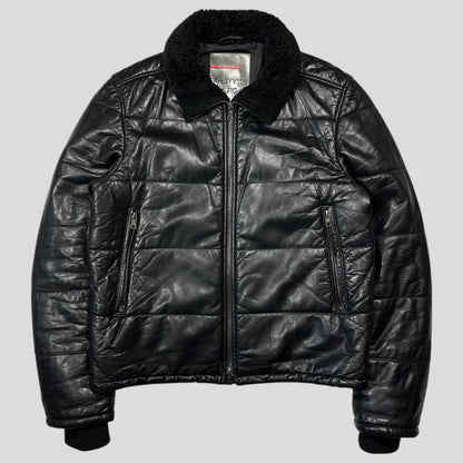Prada Sport 00’s Leather Aviator Shearling Fur Collar Hooded Puffer - IT52 (L) | Large, Black