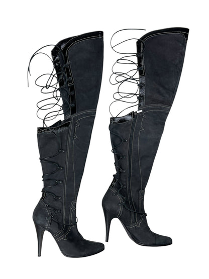 Diesel StyleLab Y2K thigh high corset back leather boots | GREY, Black