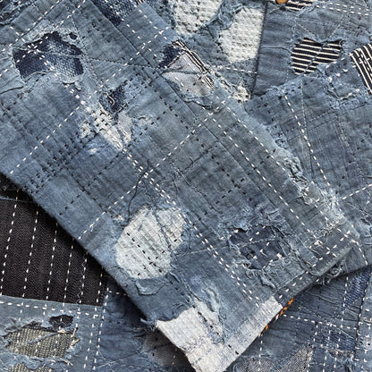 Indigo Collarless Boro Denim Jacket - M