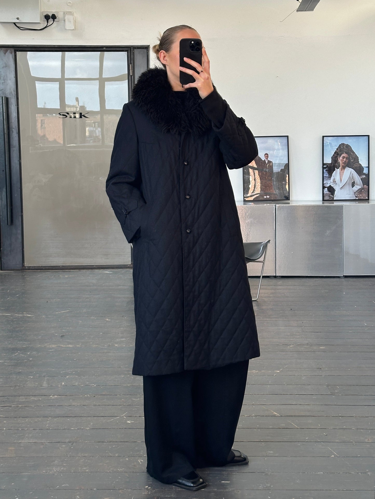 Vintage 1990s Wool Quilted Fur Collar Coat - M