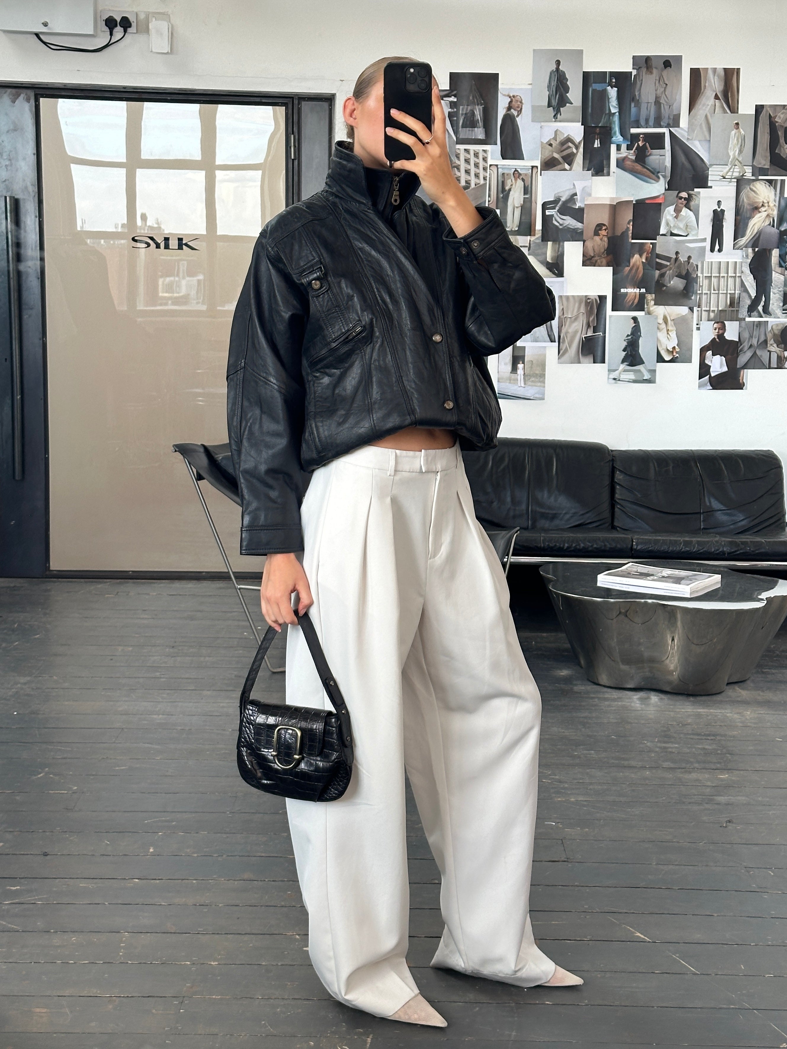 【archive】90's HIGH-NECK LEATHER JACKET 90s Flare Sleeve Crinkle Black Leather Jacket