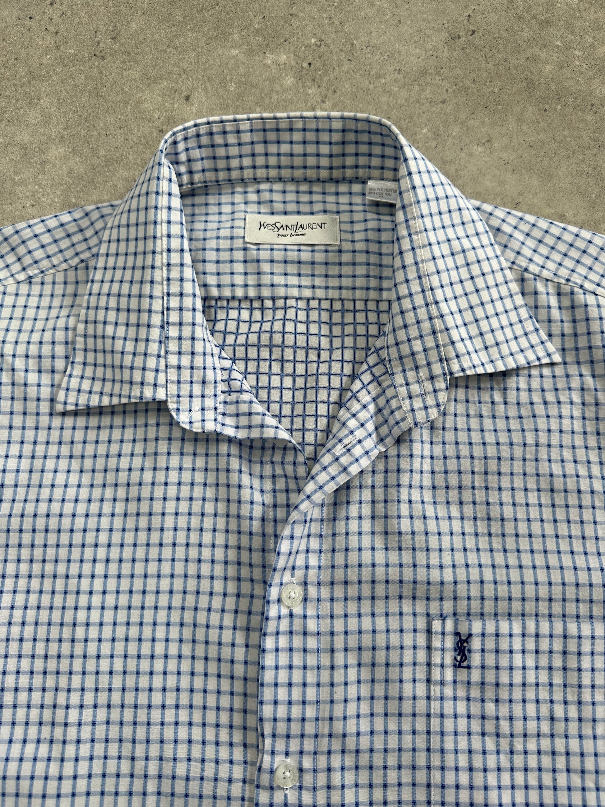 Yves Saint Laurent Pour Homme cotton check short sleeve logo shirt in XL, featuring a classic pattern and brand logo detail.
