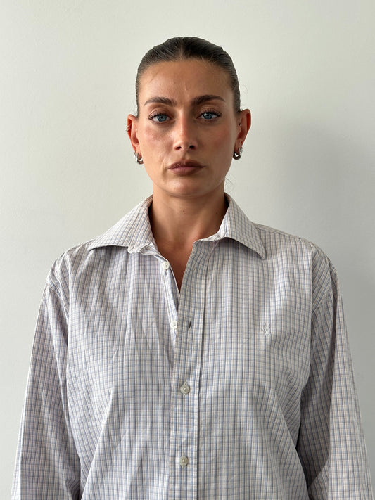 Yves Saint Laurent Pour Homme 2000s Mini Check Pure Cotton Logo Shirt - M