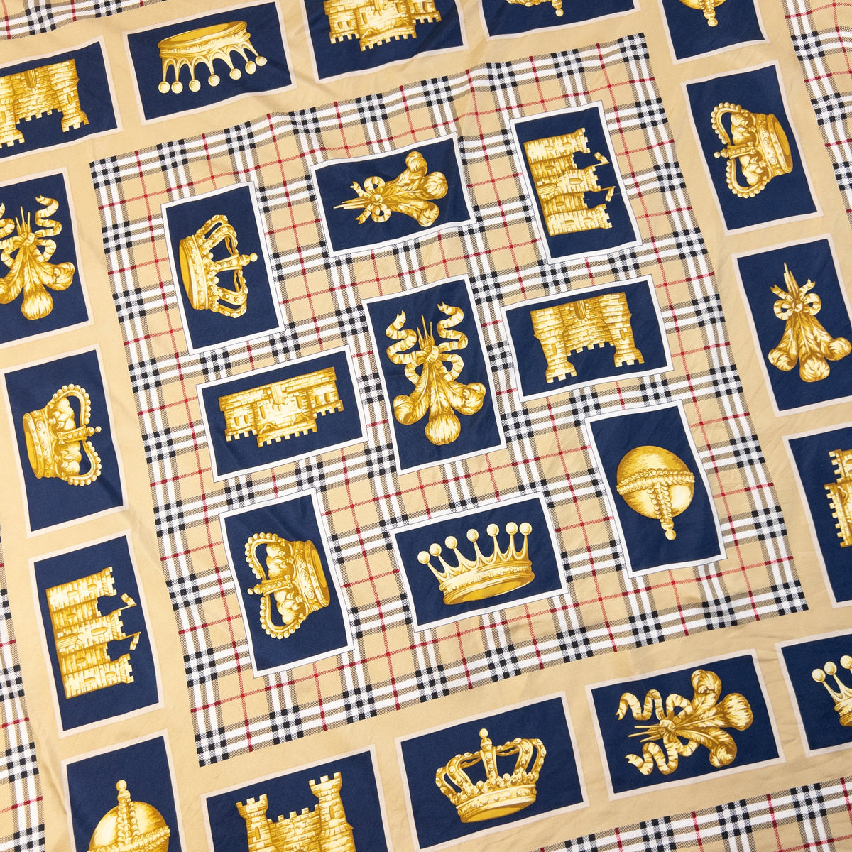 Vintage 80s Burberry Nova Check Royal Print Silk Scarf | O/S, Beige, Navy, Gold, Red
