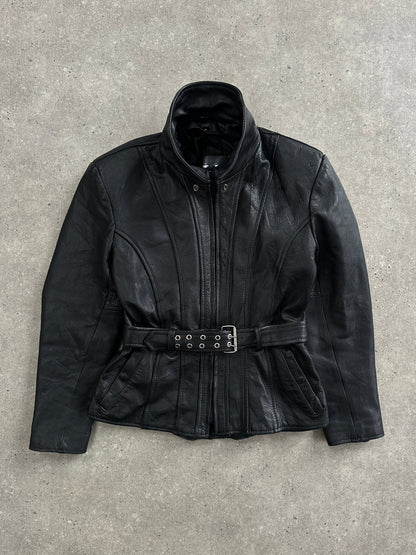 Vintage 1990s High Neck Belted Leather Jacket - M