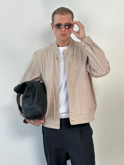 Vintage 1990s Leather Collarless Bomber Jacket - L/XL