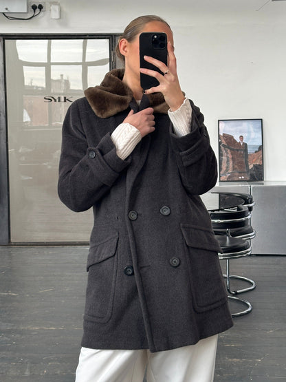 Max Mara 1990s Wool Cashmere Plush Fur Collar Coat - M/L