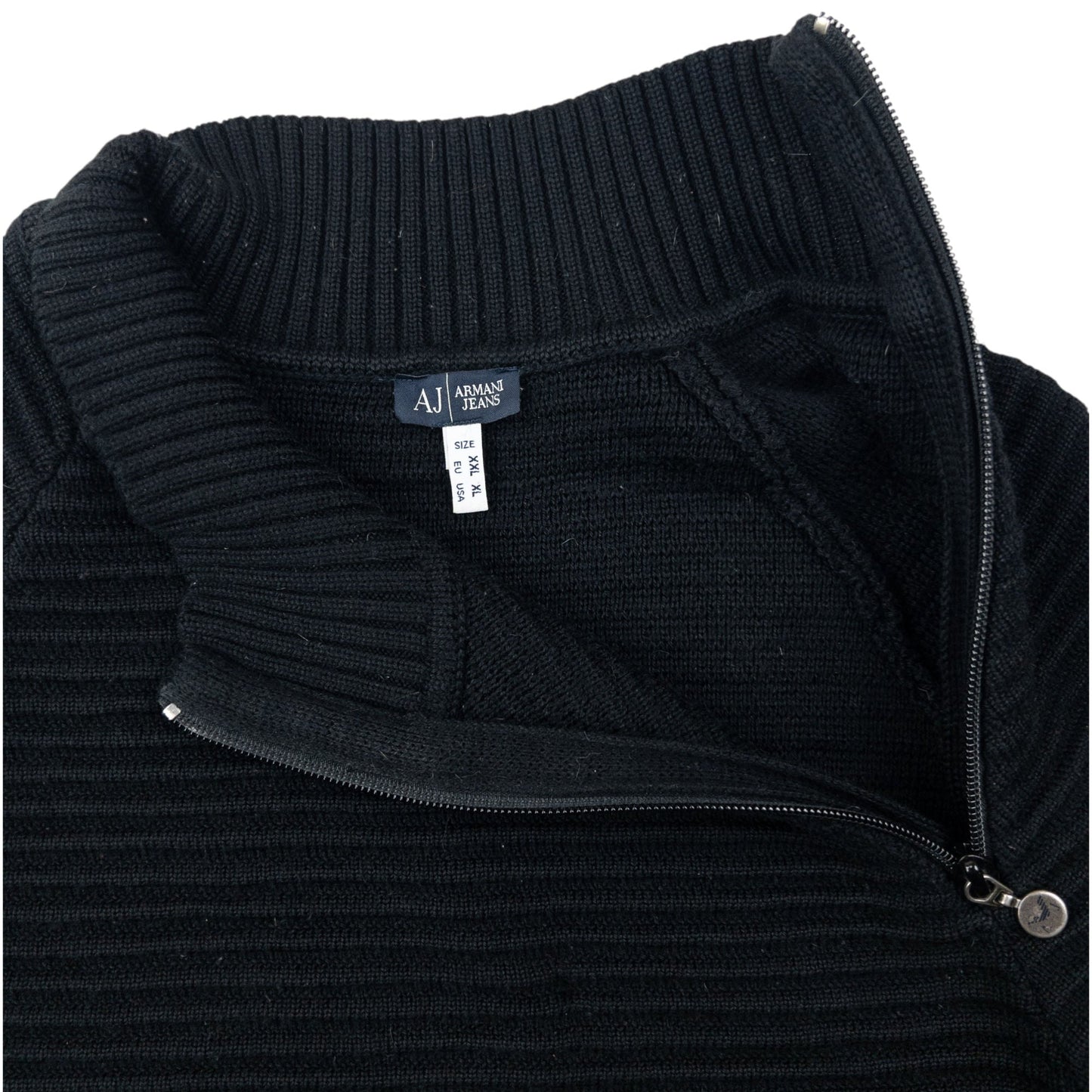 Vintage 2000s Armani Jeans Asymmetric Q Zip Ribbed Knit Jumper Size L | Large, Black