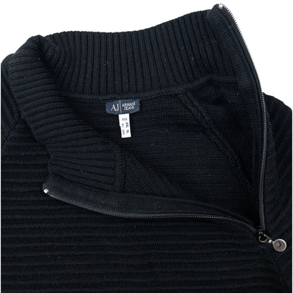 Vintage 2000s Armani Jeans Asymmetric Q Zip Ribbed Knit Jumper Size L | Large, Black