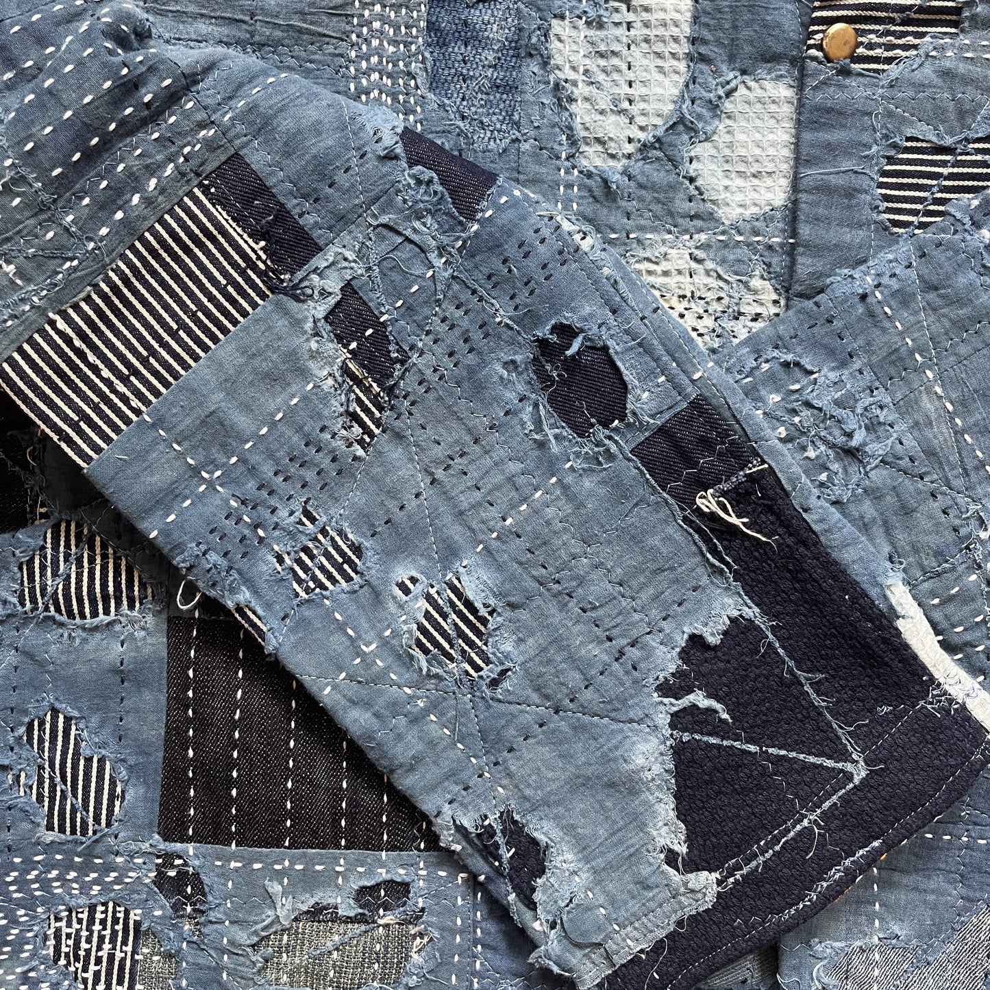 Indigo Collarless Boro Denim Jacket - M