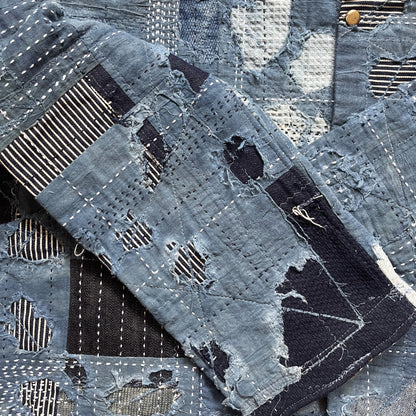 Indigo Collarless Boro Denim Jacket - M
