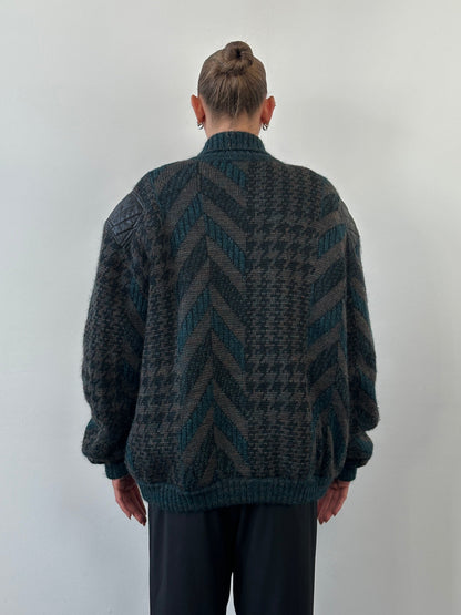 Vintage 1990s Wool Print Knit Bomber Jacket - XL