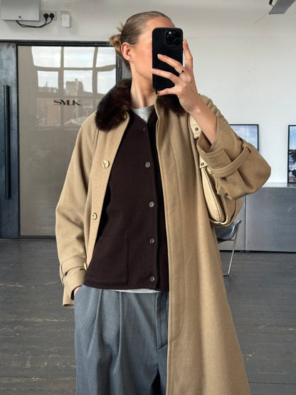 Vintage 1980s Wool Double Faced Fur Collar Belted Coat - S