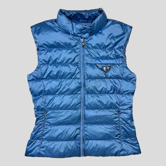 Prada Milano 2011 Satin Blue Nylon Down Logo Gilet