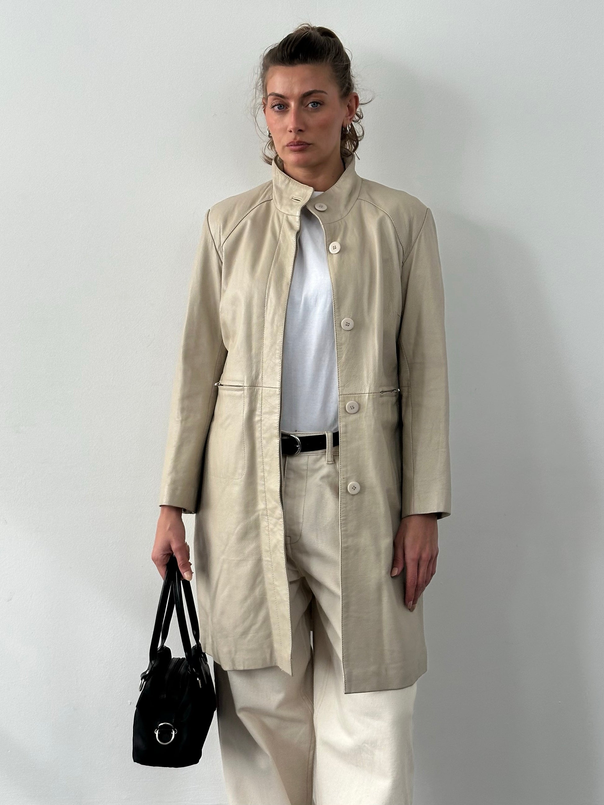 Vintage 2000s High Neck Leather Trench Coat - S
