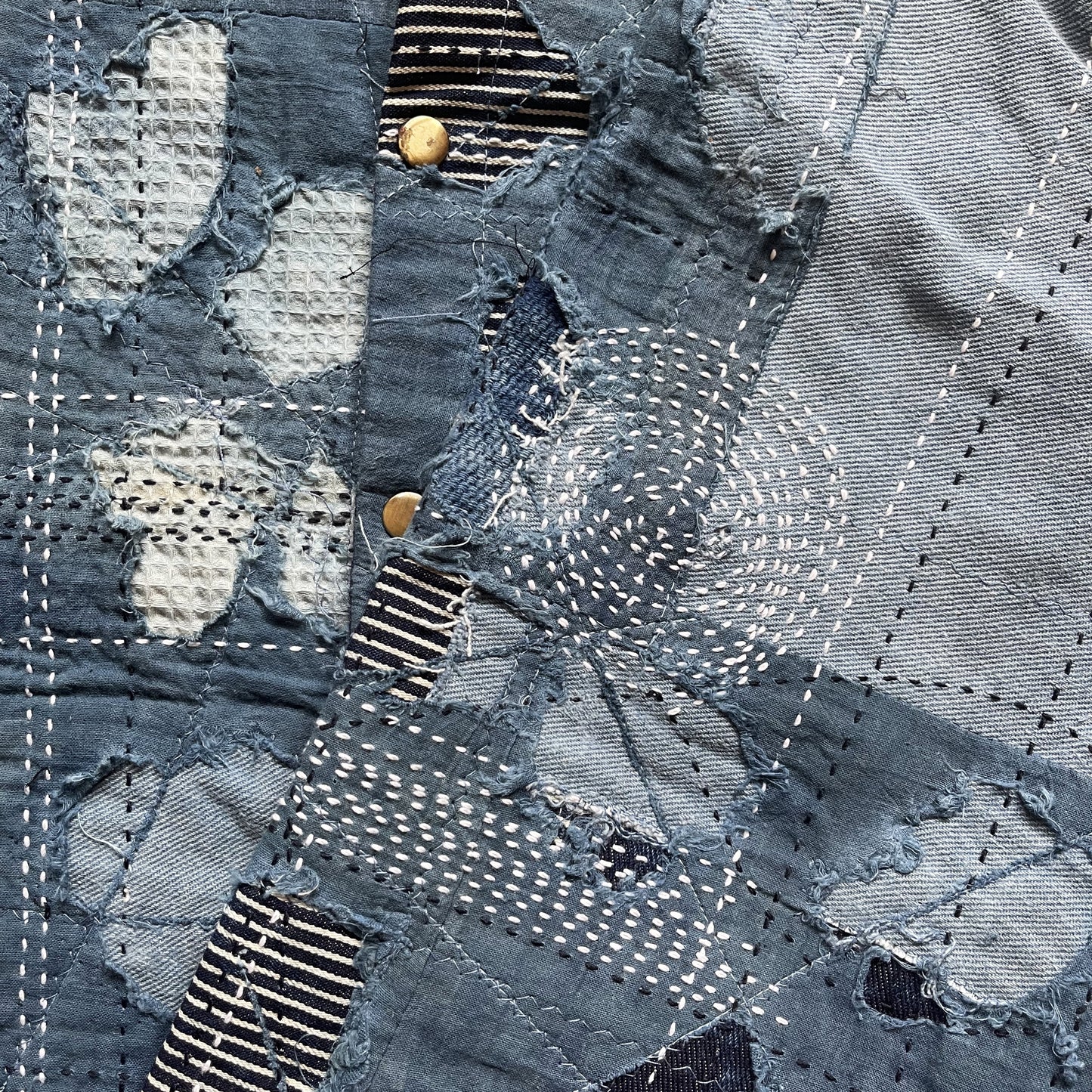 Indigo Collarless Boro Denim Jacket - M